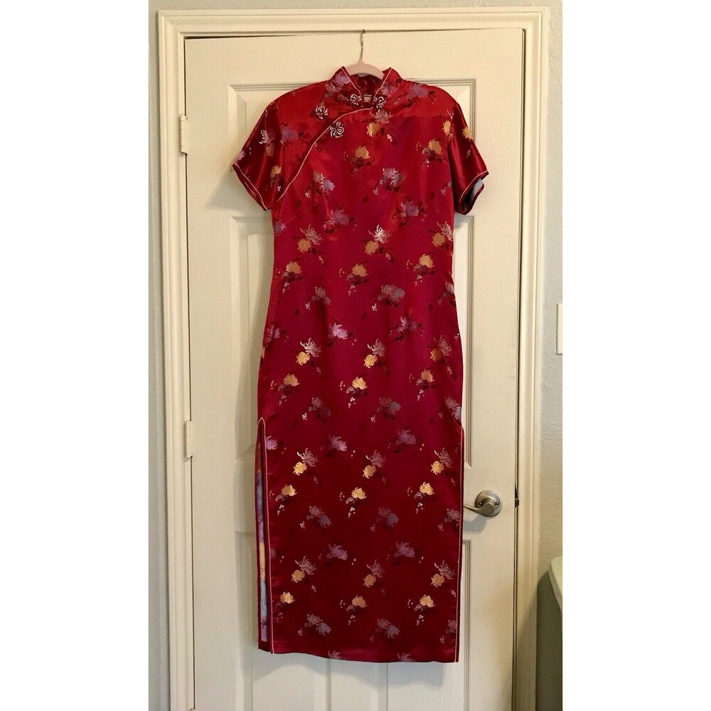 Vintage Chinese Floral Satin Brocade Kimono Dress Red Size 42